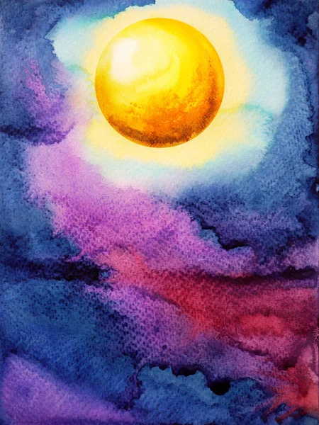 ダークブルーの夜空に黄色の大きな満月水彩画イラストデザイン手描き — ストック写真