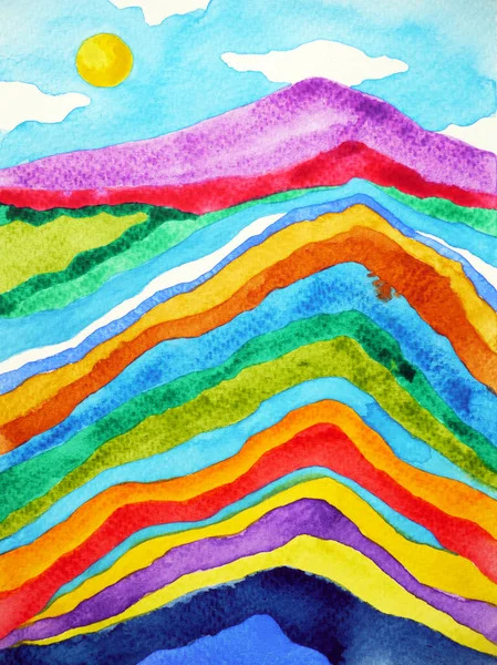 Regnbåge Bergskedja Blå Himmel Akvarell Målning Illustration Design — Stockfoto