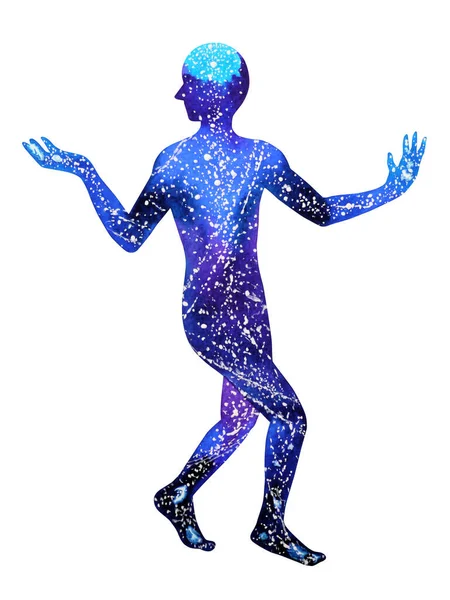 Humano Caminar Levantar Mano Hasta Energía Energía Pose Universo Abstracto — Foto de Stock