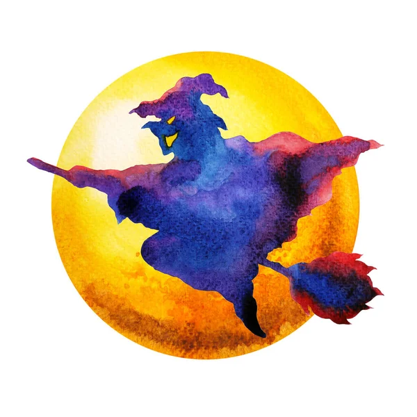 Heks Vliegen Halloween Nacht Geel Volle Maan Partij Aquarel Schilderen — Stockfoto