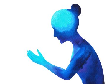 Ruhani kadın zihinsel akıl sağlığı ile evrensel çakra iyileştirme, yoga, nefes bütünsel terapi, sanat tasarımı, suluboya, mavi boya.