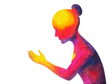 Ruhani kadın zihinsel zihin sağlığı ile evrensel çakra iyileştirme, yoga, nefes bütünsel terapi, sanat tasarımı, suluboya, kırmızı renkli resim.