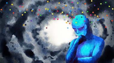 İnsan düşüncesi soyut renk noktası zihinsel sağlık ruhsal psikoloji kafası hayal edin. Terapi meditasyonu iyileştirme sanatı illüstrasyonunu canlandırın. Fantezi dijital kolajı boyama.
