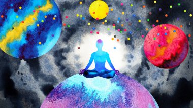 Ruhani insan meditasyonu zihinsel ruh sağlığı evrensel çakrayı iyileştiren yoga nefesi bütünsel terapi sanatı illüstrasyonunu hayal edin suluboya resim fantezi dijital kolaj