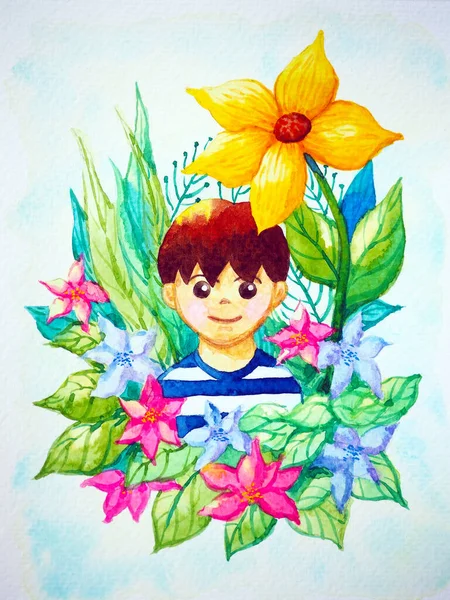 Šťastný Dítě Mír Chlapec Květinové Zahradě Příroda Fantasy Umělecké Dílo — Stock fotografie