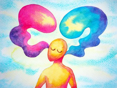 human head body mind mental health speak and listen problem, bipolar disorder, depression, different thinking psychology spiritual feeling energy emotion watercolor painting illustration art