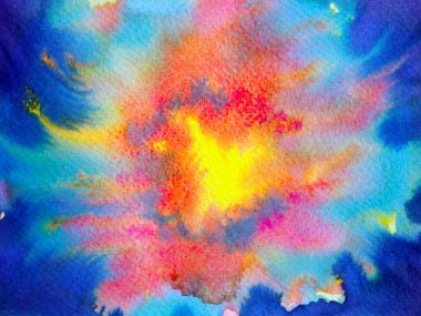 red orange hot fire flame eruption burn splash on blue sky universe abstract sun energy power galaxy background watercolor painting art texture illustration design hand drawing