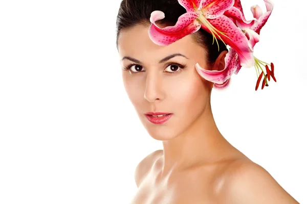 Woman portrait on white background with flower — Stock Photo, Image