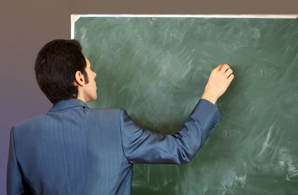 Confident young teacher and classic chalkboard background — Stock Photo, Image