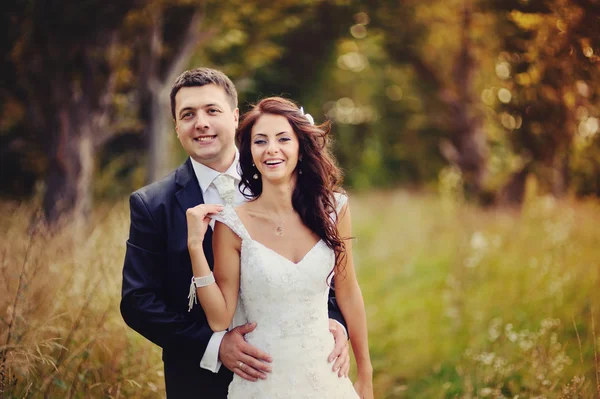 Boldog newlywed pár robban a nevetés Stock Kép