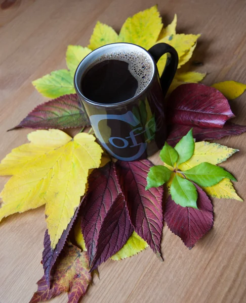 Xícara de café com inscrição. Decoração outonal . — Fotografia de Stock