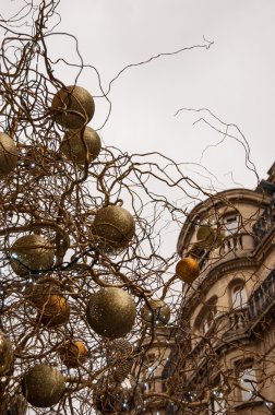 dalları ile altın ve gümüş Noel topları. arka planda bina ve gri bir gökyüzü. Paris at akşam.