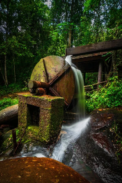 water wheel and cold water in stream in the forest