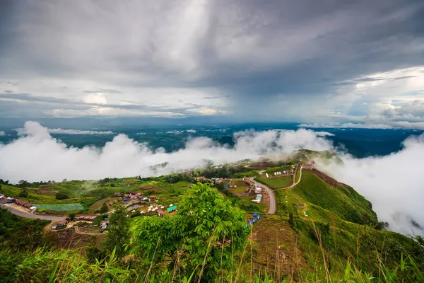 Natura Illuminazione Strada Nella Nebbia Tra Strada Andare Phu Tabberk — Foto Stock