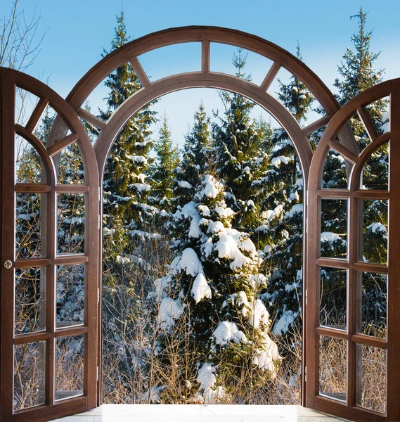 Puerta abierta con arco y vistas al paisaje natural — Foto de Stock