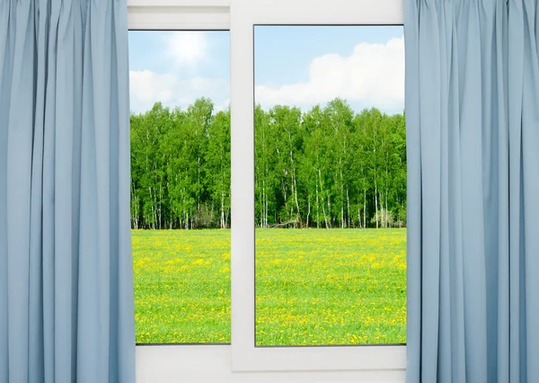 Paisaje natural con una vista a través de una ventana con cortinas — Foto de Stock