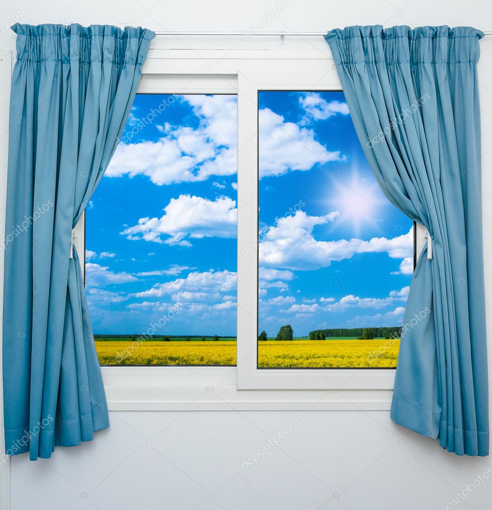 Nature Landscape With A View Through A Window With Curtains Royalty Free Photo Nature Landscape With A View Through A Window With Curtains Royalty Free Photo