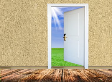 ahşap zeminler, açık kapı bir çayır bakan Oda