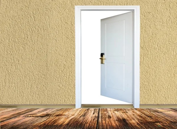 Pokój z drewnianą podłogą, otwarte drzwi — Zdjęcie stockowe
