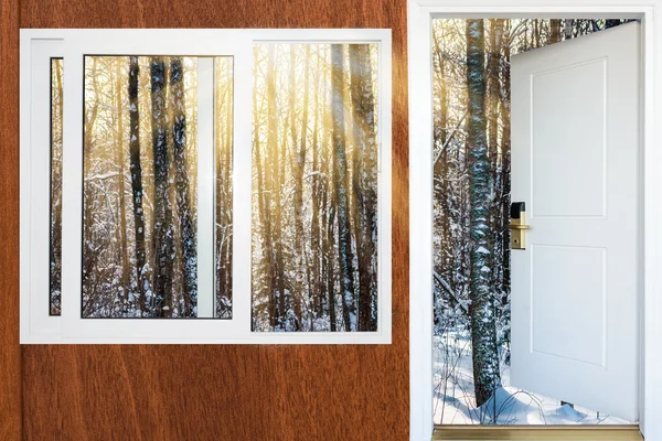 Open door and a winter forest — Stock Photo, Image