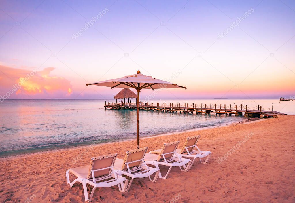 beautiful view of the sea sunset caribbean sea in the dominican republic a pier with a gazebo