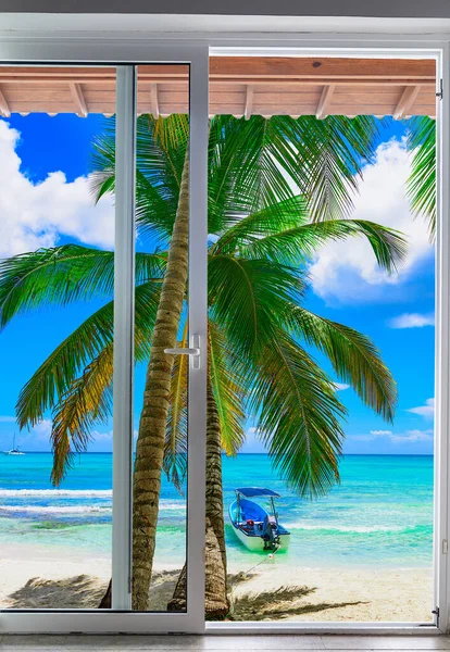 Gran Puerta Cristal Habitación Con Vistas Playa Del Paraíso — Foto de Stock