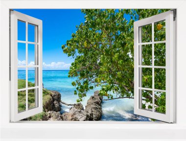 Yaz güneşli gün denizin üstünde belgili tanımlık pencere görünümünden plaj palmiye ağacı ile