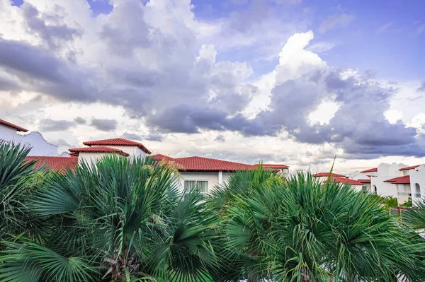 Tegole Rosse Dell Hotel Foglie Verdi Palme Tropicali Nella Repubblica — Foto Stock