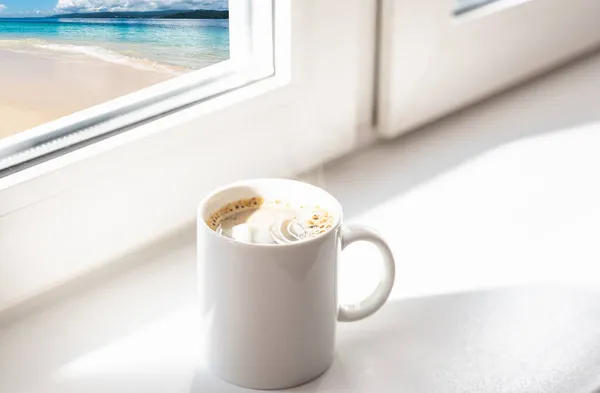 Cup Coffee Window Overlooking Sea Summer — Stock Photo, Image