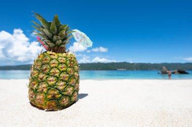 Karayip plaj cennetinin kumlarında ananaslı pina colada kokteyli.