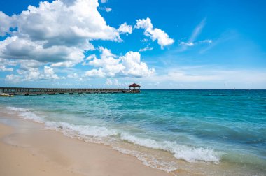 Karayip Denizi 'ndeki bir rıhtımda palmiye yapraklarından bir çatısı olan ahşap bir çardak.