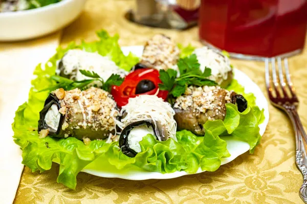 Roll Meat Mushrooms Plate — Stock Photo, Image