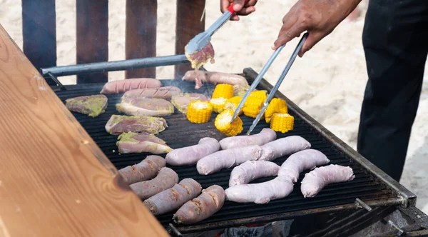 Meat Sausages Corn Grilled Coals Oktoberfest Holiday — Stock Photo, Image