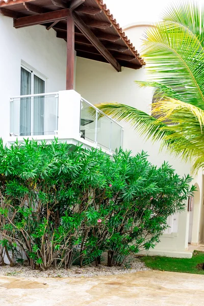 Architettura Parte Edificio Bianco Con Balcone Immerso Nel Verde Palme — Foto Stock