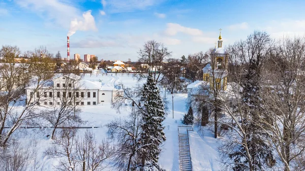 View City Bird Sight City Snowy Winter Scape Drone — Stock Photo, Image