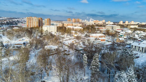 View City Bird Sight City Snowy Winter Scape Drone — Stock Photo, Image