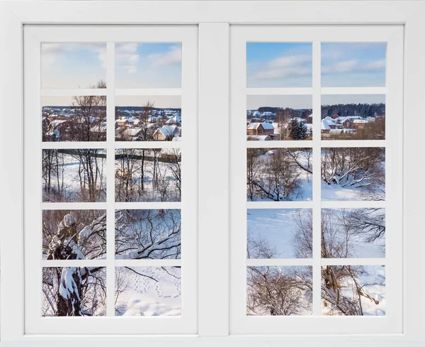 Hermosa Vista Desde Ventana Desde Una Altura Del Paisaje Invierno — Foto de Stock