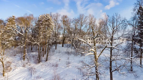 Uitzicht Stad Vanuit Vogelperspectief Stedelijk Besneeuwd Winterlandschap Van Drone — Stockfoto