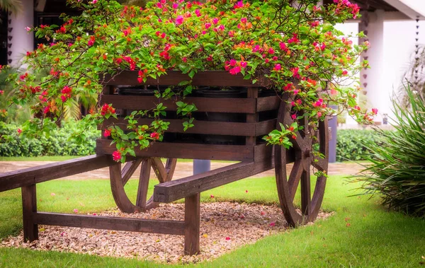 Dekoracyjny Drewniany Wózek Kwiatami Ogrodzie Trawniku — Zdjęcie stockowe