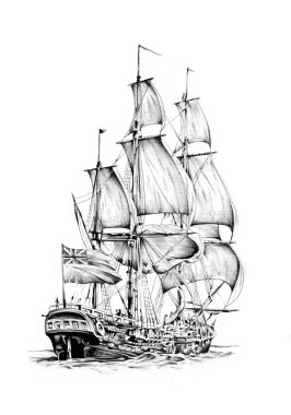 antika tekne deniz güdü çizim el yapımı