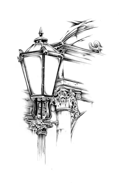Рисунок фонаря на старинной улице ручной работы — стоковое фото