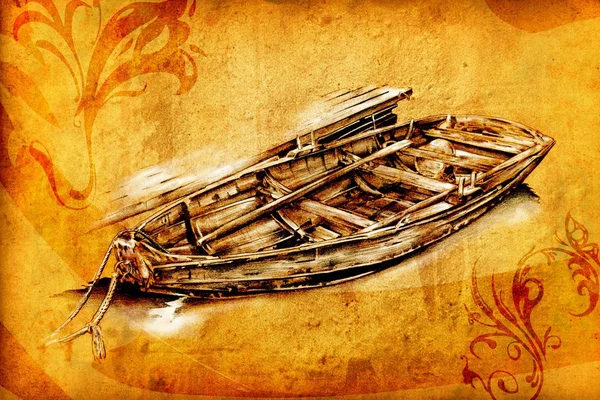 Antika tekne deniz güdü çizim el yapımı — Stok fotoğraf