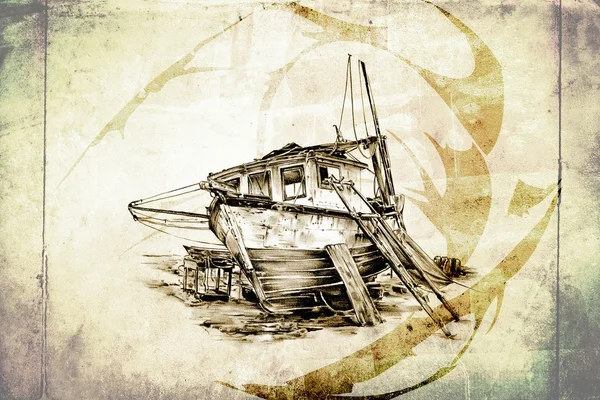 Antica barca mare motivo disegno fatto a mano — Foto Stock