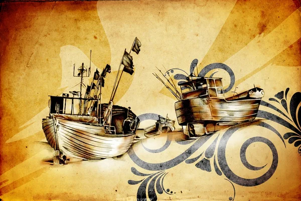 Antique boat sea motive drawing handmade — Stock Photo, Image