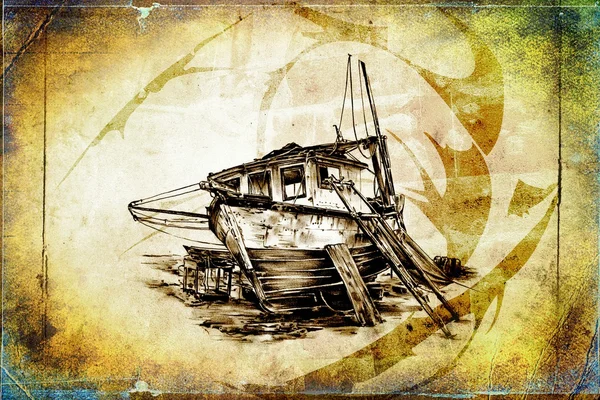 Αντίκες βάρκα στη θάλασσα κίνητρο σχέδιο χειροποίητα — Φωτογραφία Αρχείου