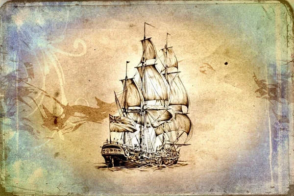 antika tekne deniz güdü çizim el yapımı