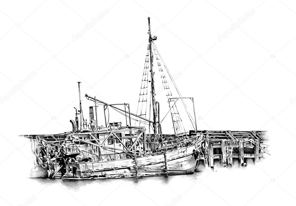 Antique boat sea motive drawing handmade