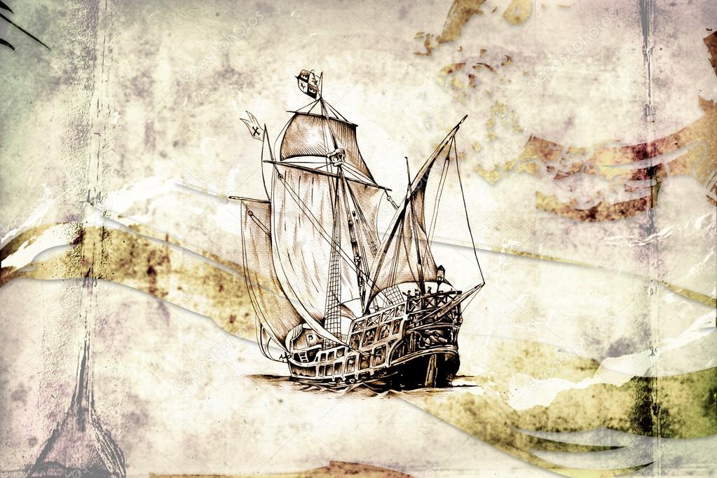 Antique boat sea motive drawing handmade