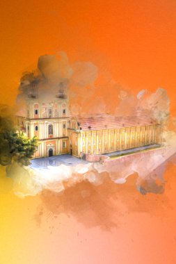 Hava kalesinden Klodzko Kilisesi. Sanat eserleri, antika eskizler.