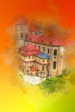 Hava kalesinden Klodzko Kilisesi. Sanat eserleri, antika eskizler.